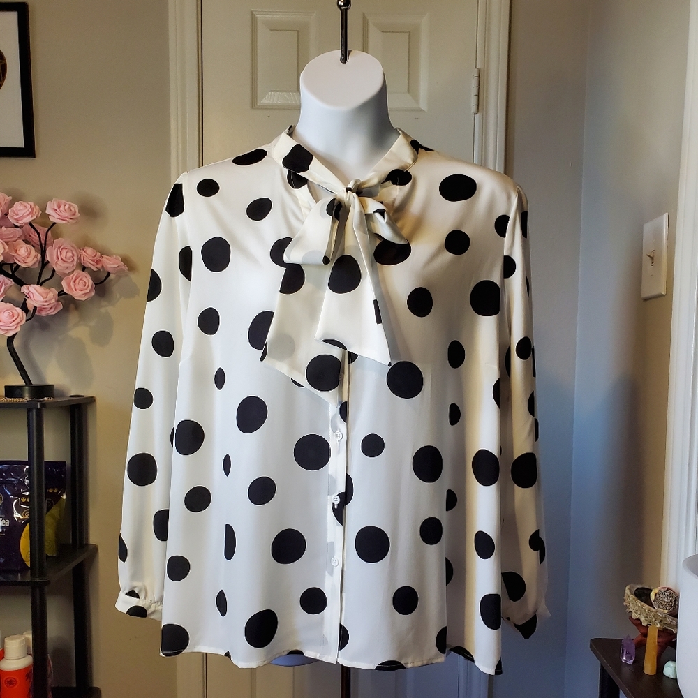 Eloquii Tie Neck Polka-dot Blouse